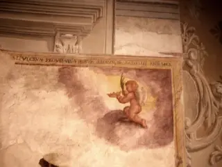 Affresco parete destra SEPVLCRVM PROVIDVM VIRORVM ILLORVM DE RASTELLIS ANN. 1452 - Santuario della Consolata a Saluzzo