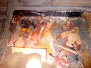 Affreschicella alla  base del campanile, parete sud lato ovest, strage Innocenti - Parrocchiale di Sant'Andrea a Brossasco