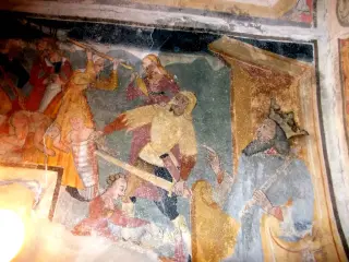 Affreschi cella alla  base del campanile, parete sud lato ovest, strage Innocenti - Parrocchiale di Sant'Andrea a Brossasco