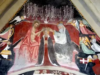 Presbiterio, vela centrale, incoronazione Vergine, particolare - Cappella di Santa Maria Assunta o della Stella a MacelloFrazione Stella