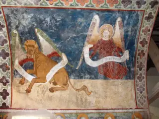 Abside maggiore, volta lato destro, gli Evangelisti Luca e Matteo - Chiesa di San Pietro o San Peyre a Stroppo