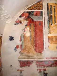 Parete di fondo, Vergine ed Elisabetta - Cappella dell' Annunciata a ValmalaFrazione Chiot Martin